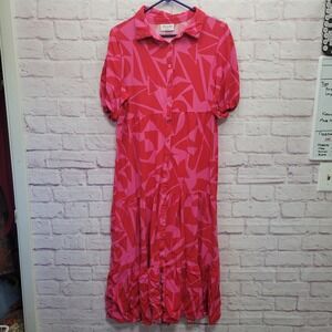 Jolie & Joy Full Button Tiered Maxi Dress 1X Pink Bright Collar Flow Boho Resort